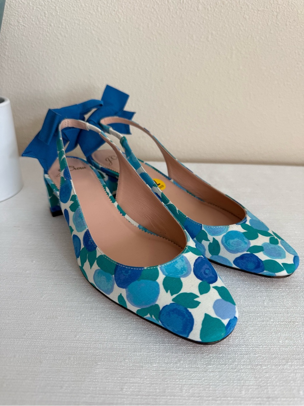New J. Crew Blue Floral Textile/Leather Slingback Block Heel Pumps